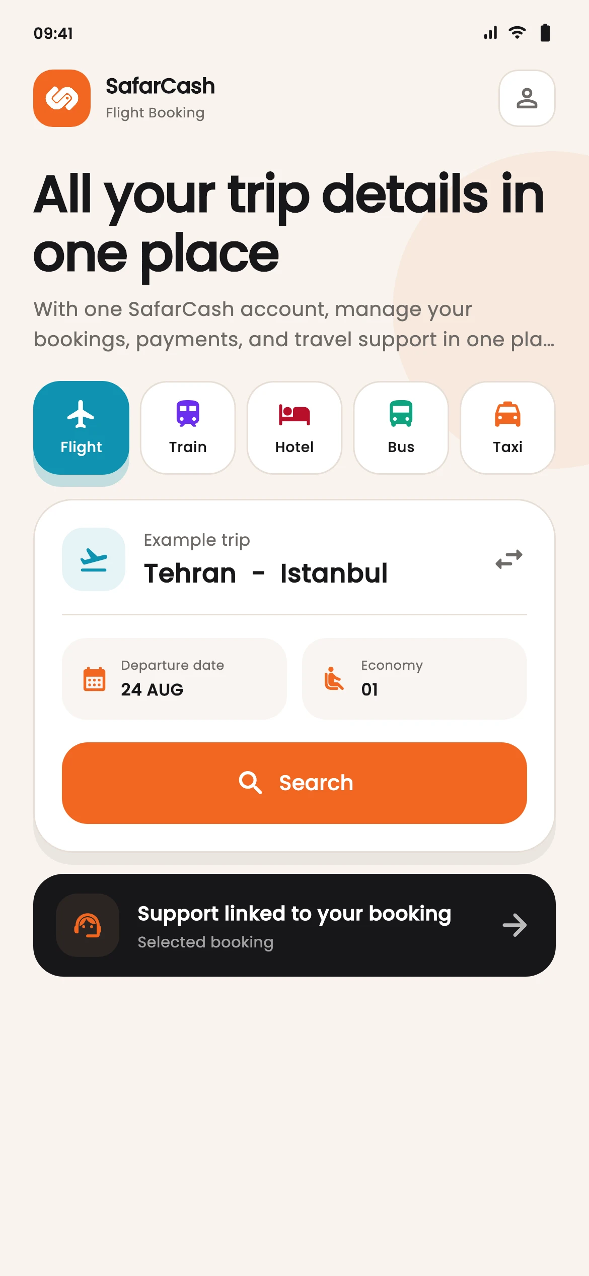 SafarCash route and date search screen