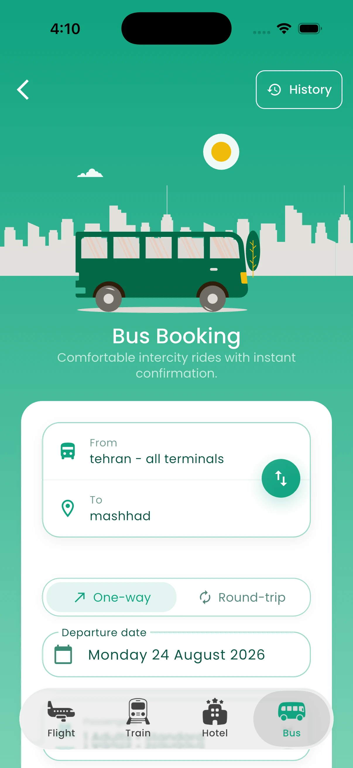 SafarCash bus search, results, and order screens