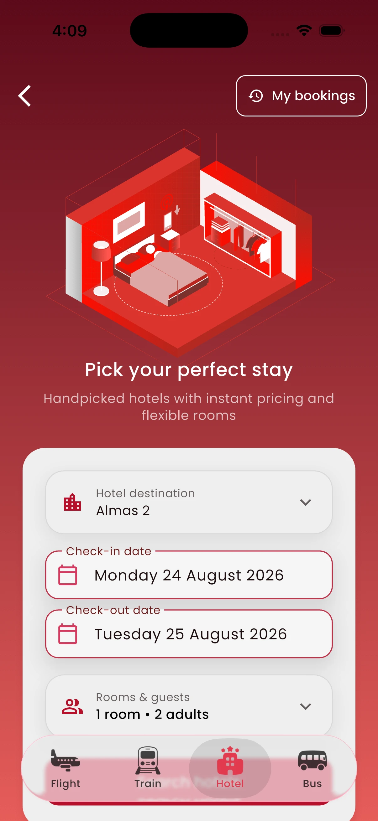 SafarCash hotel destination, results, and booking screens
