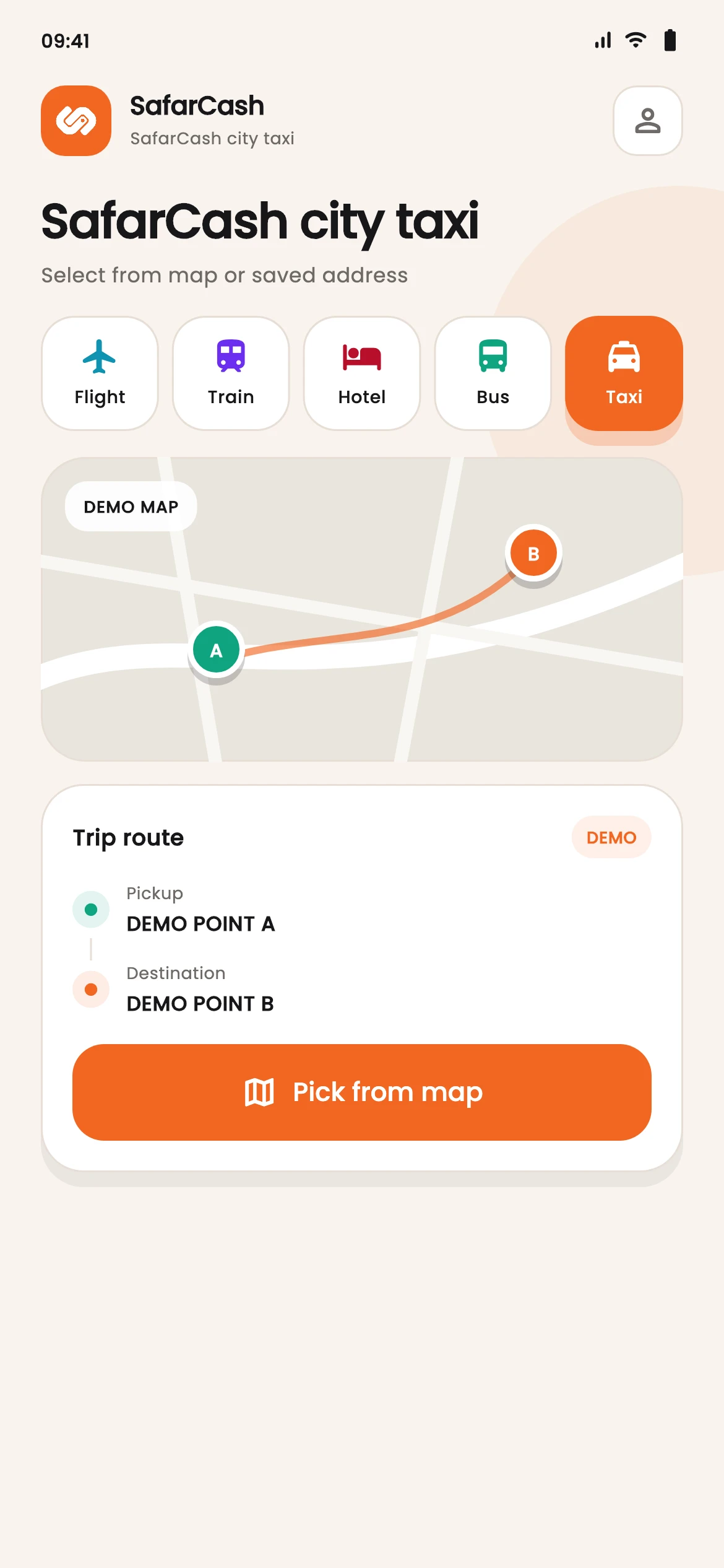 SafarCash taxi map with pickup and destination selection