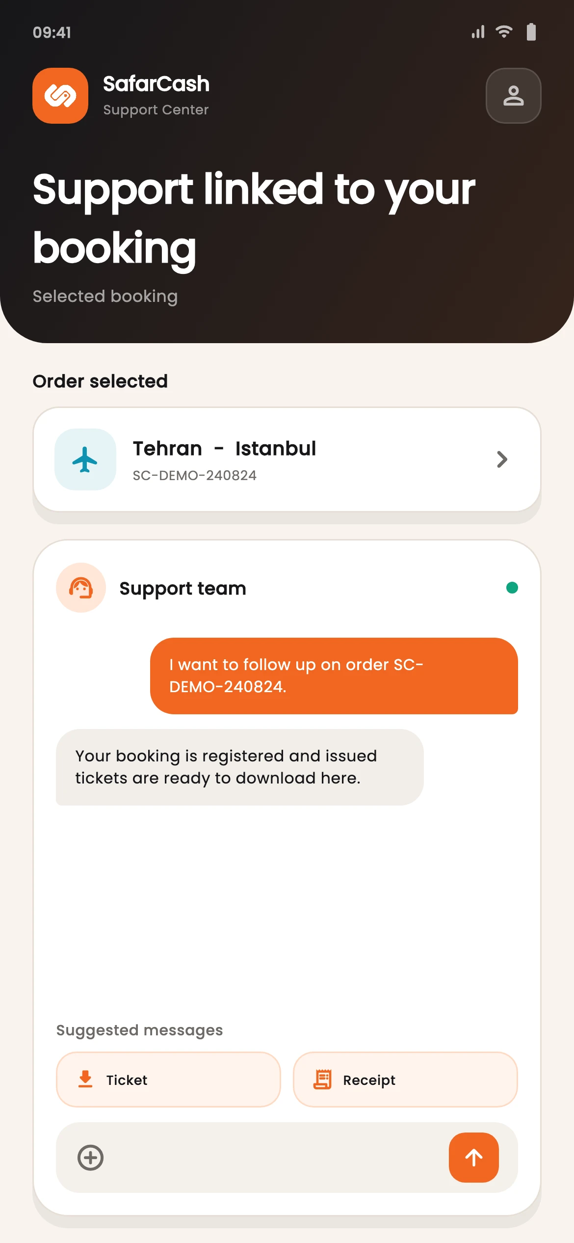 SafarCash support conversation linked to a travel order