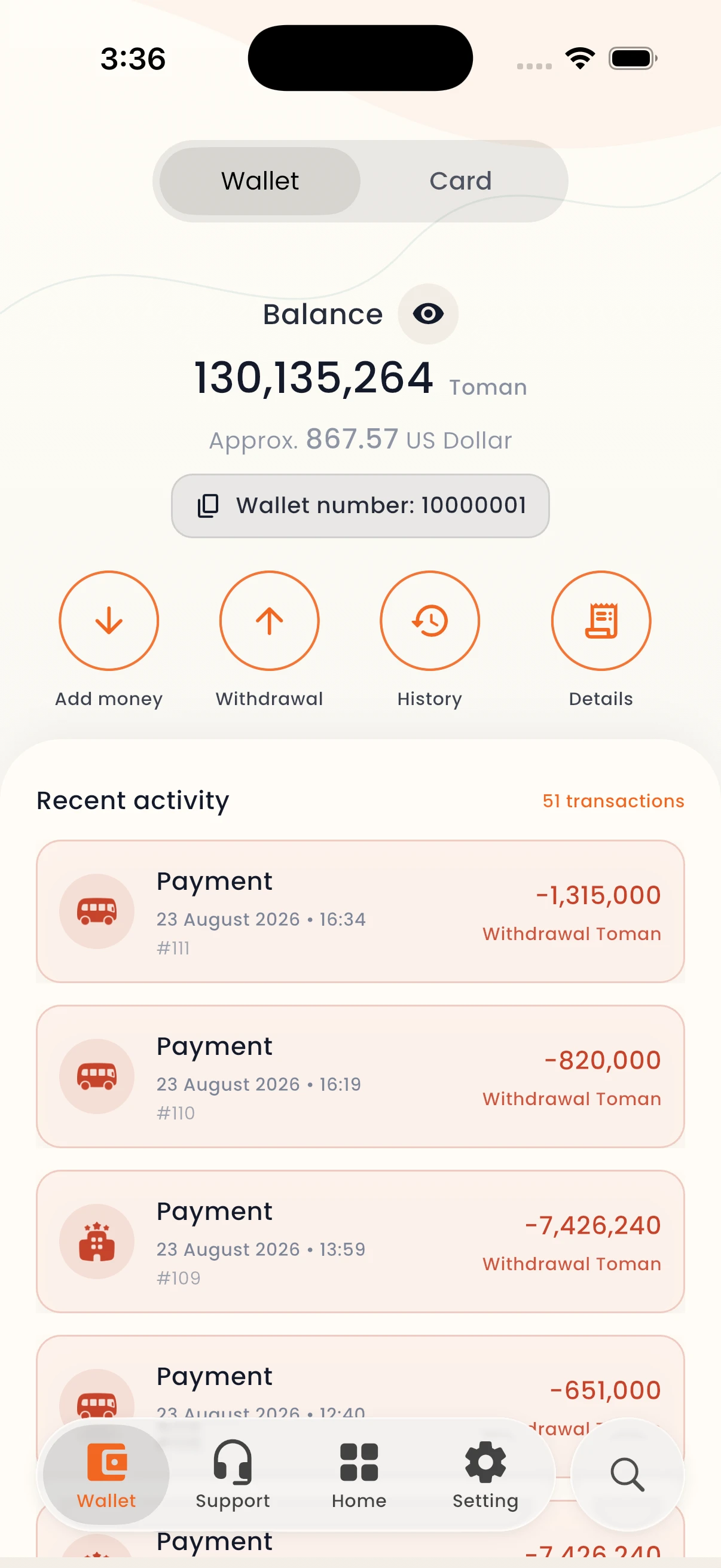 SafarCash wallet balance, activity list, and receipt screens